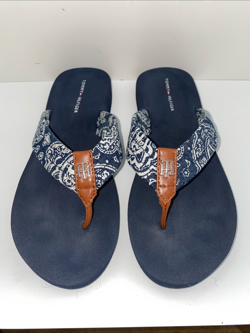 Tommy Hilfiger Navy Bandana-Print Flip Flops with Brown Accents